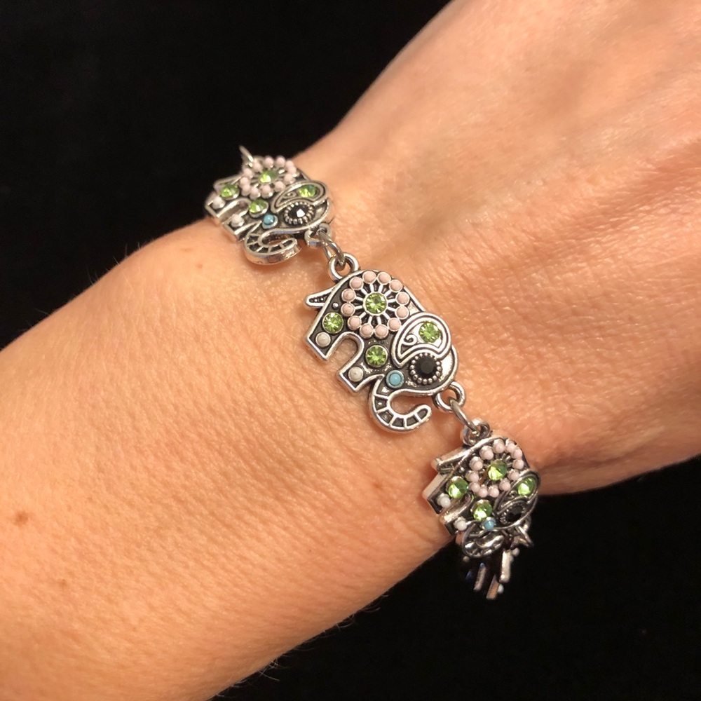 Elephant Charm Bracelet in Silver and Green Tones
